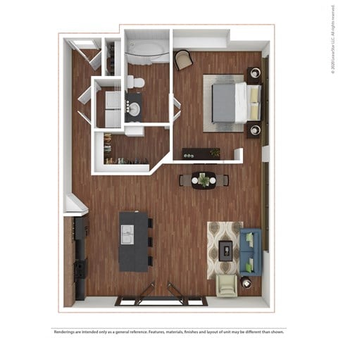 Floor plan for 1 bed, 1 bath, 757 sqft